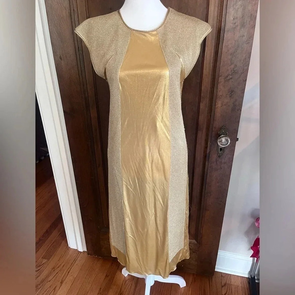 Bottega Veneta Square Neckline Gold Midi Dress Women Size XS, US2, IT38 - Picture 1 of 14